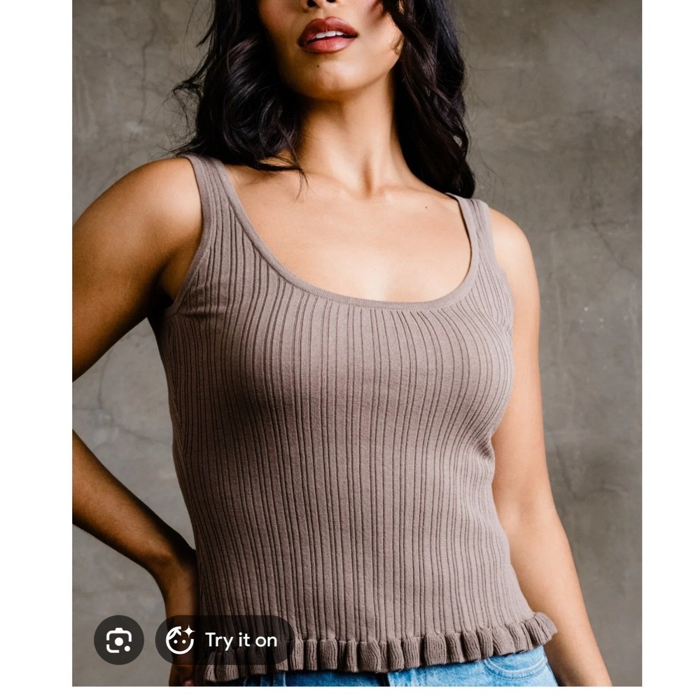ABLE Hadley Ribbed Tank Top Driftwood Brown Ruffle Hem Scoop Neck Large Spring
